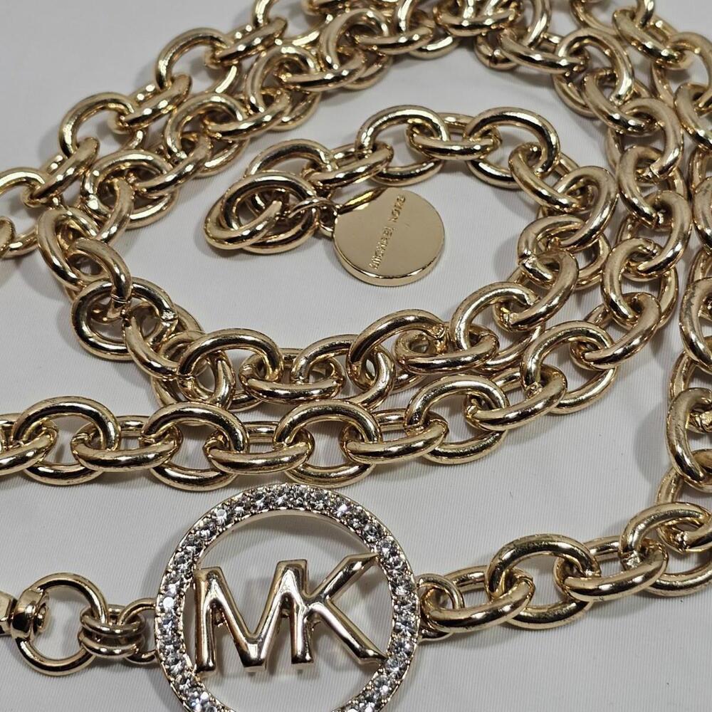 MICHAEL KORS Belt Gold &rhinestone Inlay MK Logo Metal Clip Chain Adjustable - Picture 6 of 8